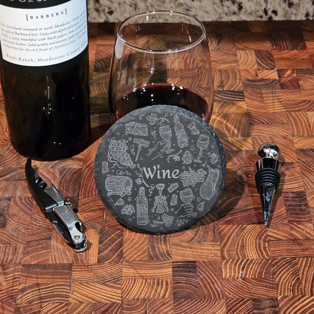 Set of 4 Laser-Engraved Slate Coasters Wine-Themed Handcrafted 4x4 Coasters